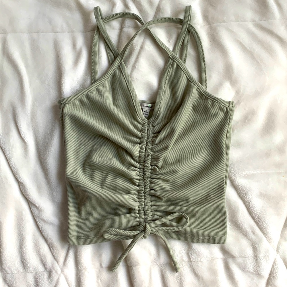 Papaya Light Green Cinched Double Cross Strap Tank Top
